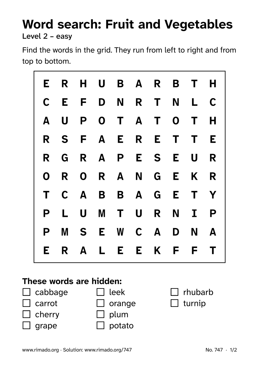 Preview of the printed page: Word search “Fruit and Vegetables”, no. 747