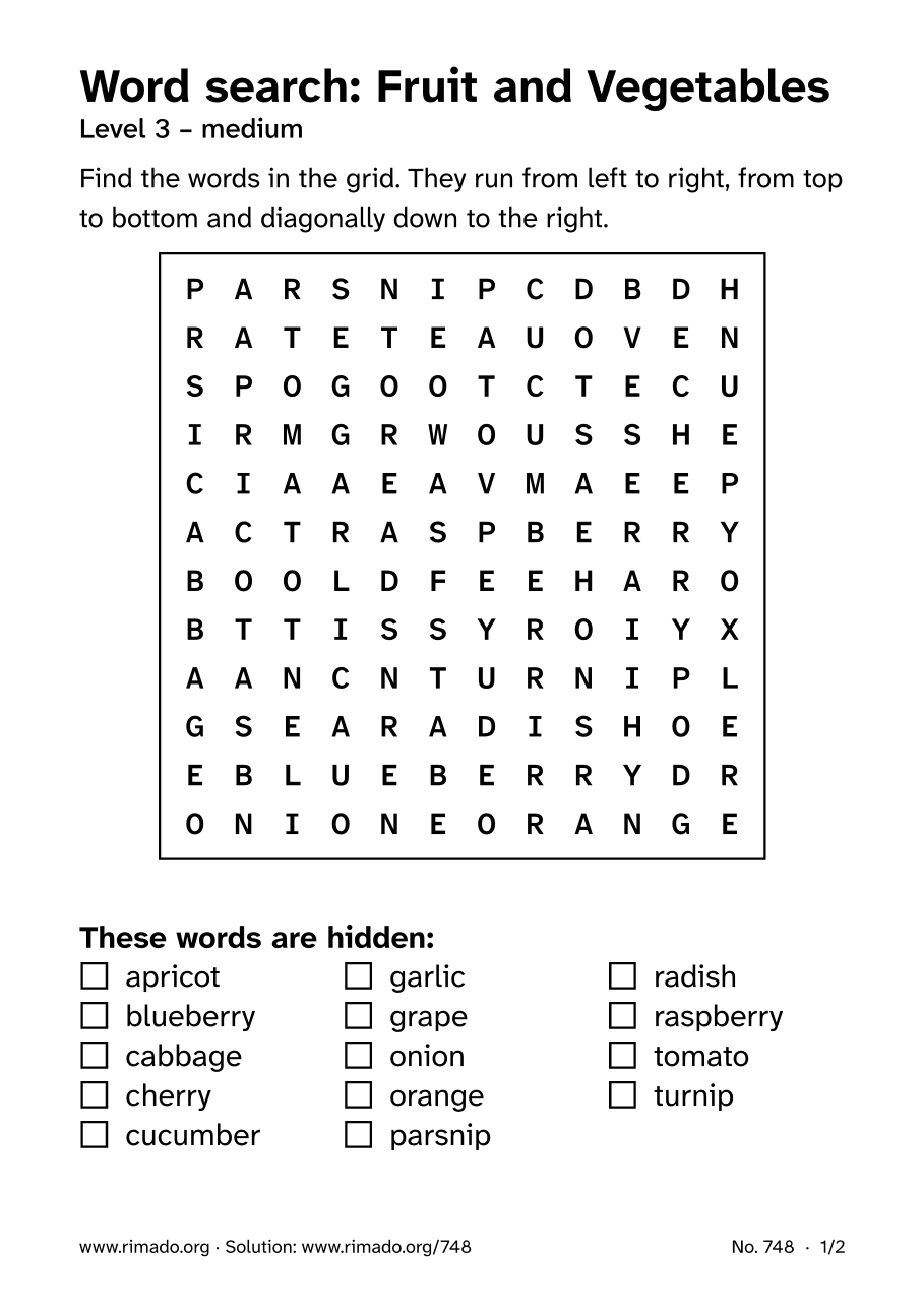 Preview of the printed page: Word search “Fruit and Vegetables”, no. 748