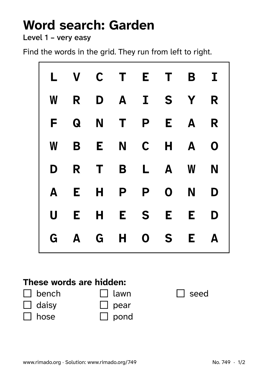 Preview of the printed page: Word search “Garden”, no. 749