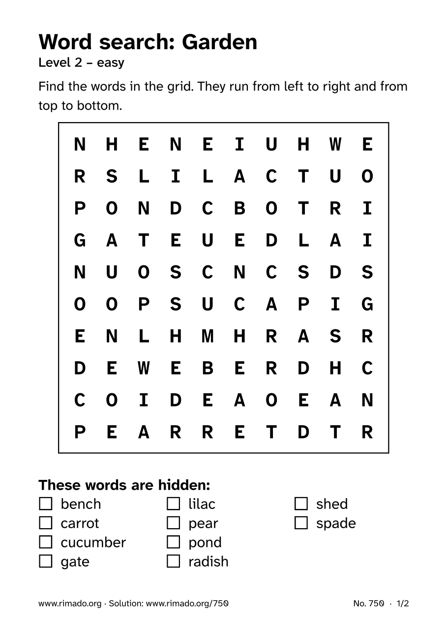 Preview of the printed page: Word search “Garden”, no. 750