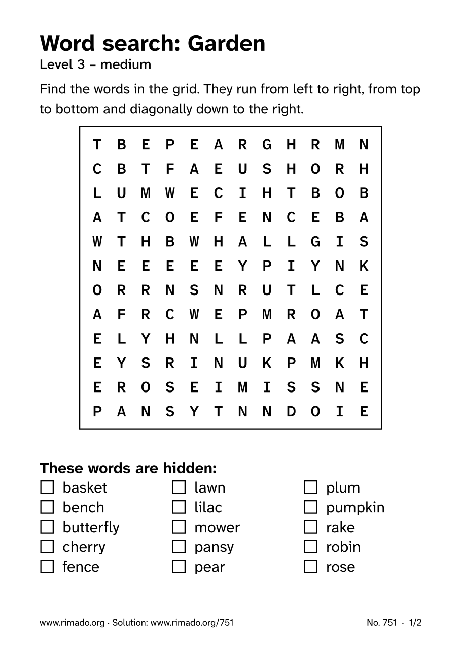 Preview of the printed page: Word search “Garden”, no. 751