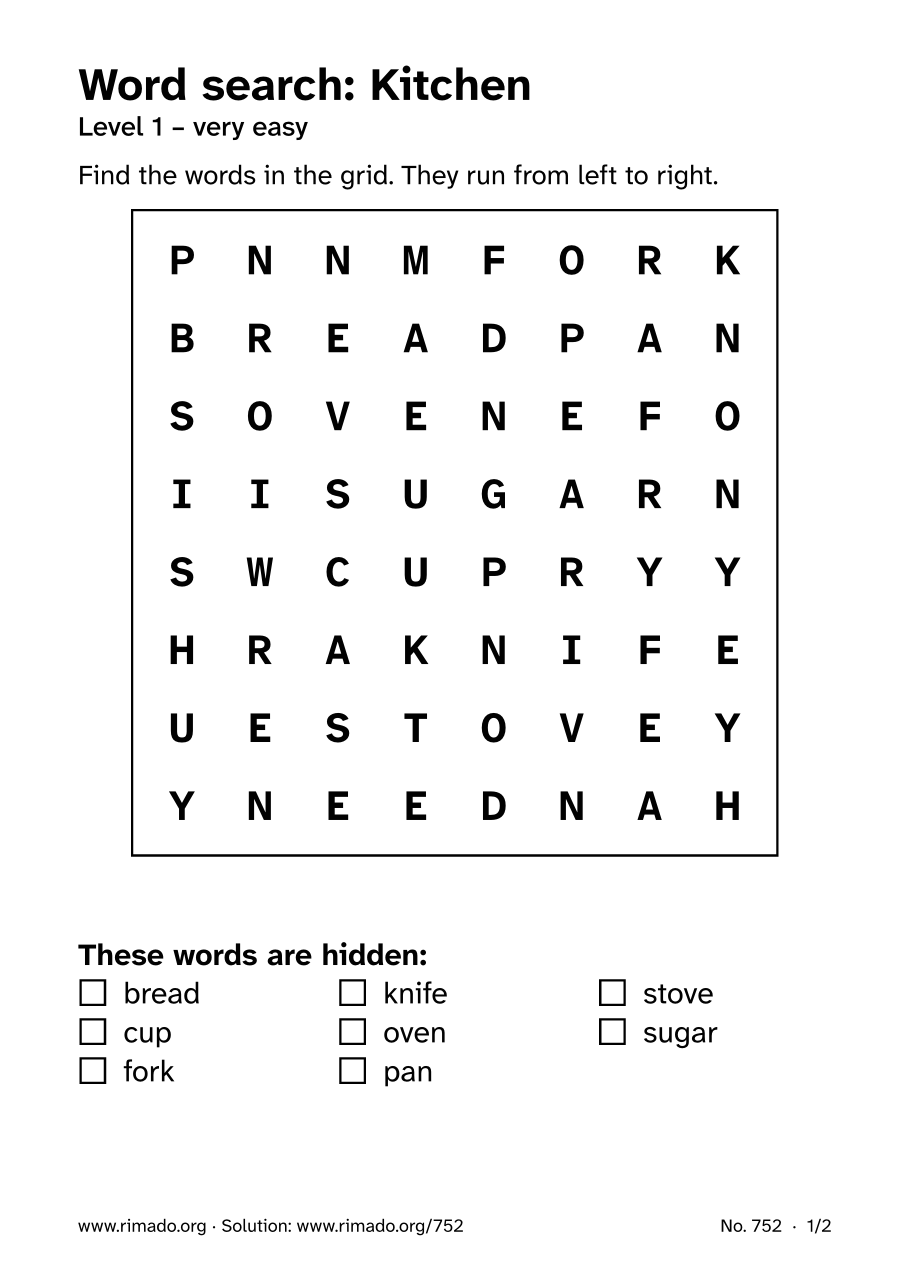 Preview of the printed page: Word search “Kitchen”, no. 752