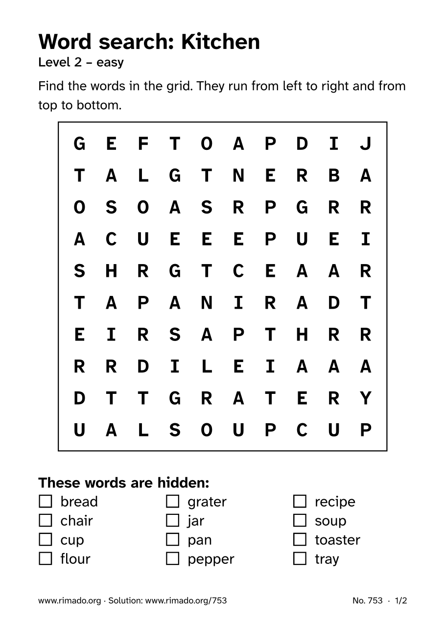 Preview of the printed page: Word search “Kitchen”, no. 753