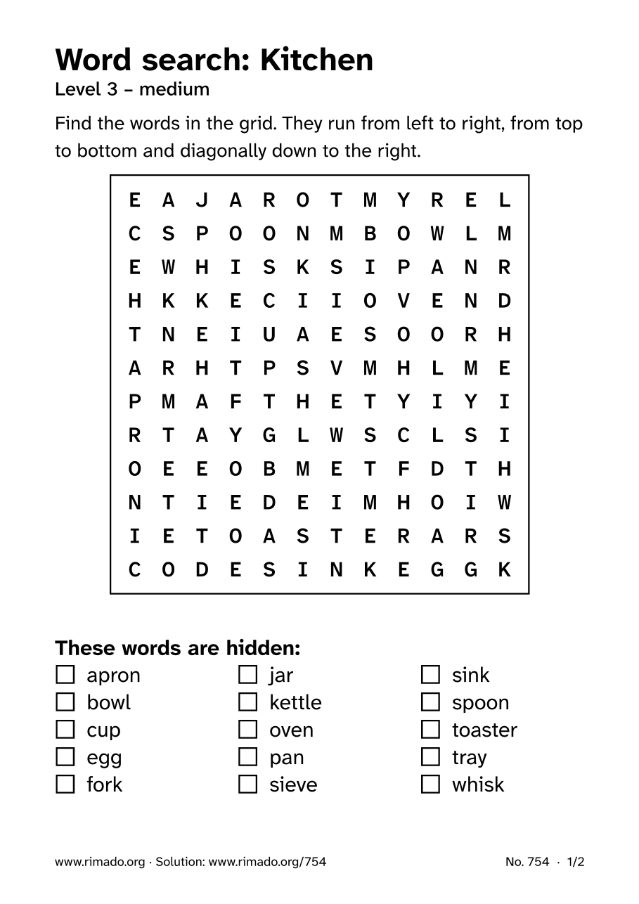 Preview of the printed page: Word search “Kitchen”, no. 754