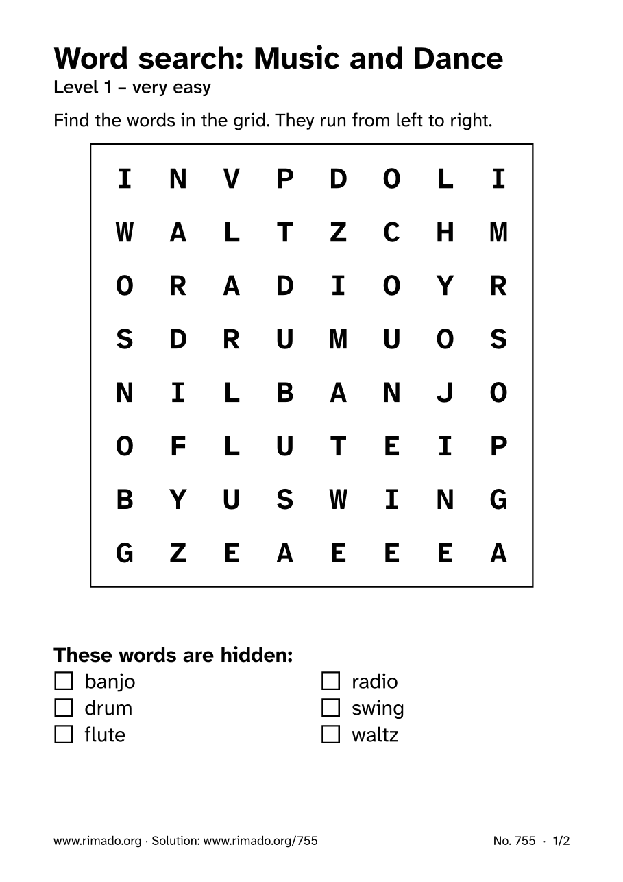 Preview of the printed page: Word search “Music and Dance”, no. 755