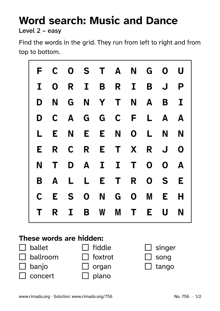 Preview of the printed page: Word search “Music and Dance”, no. 756