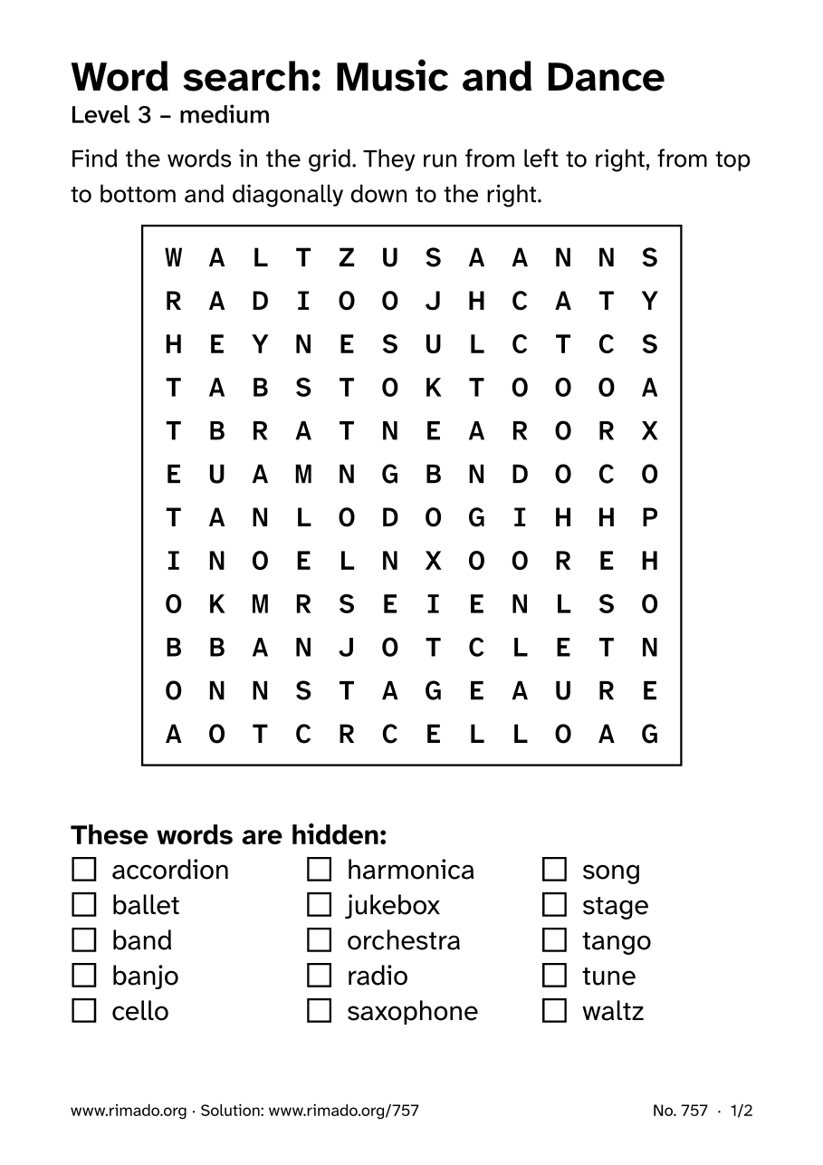 Preview of the printed page: Word search “Music and Dance”, no. 757