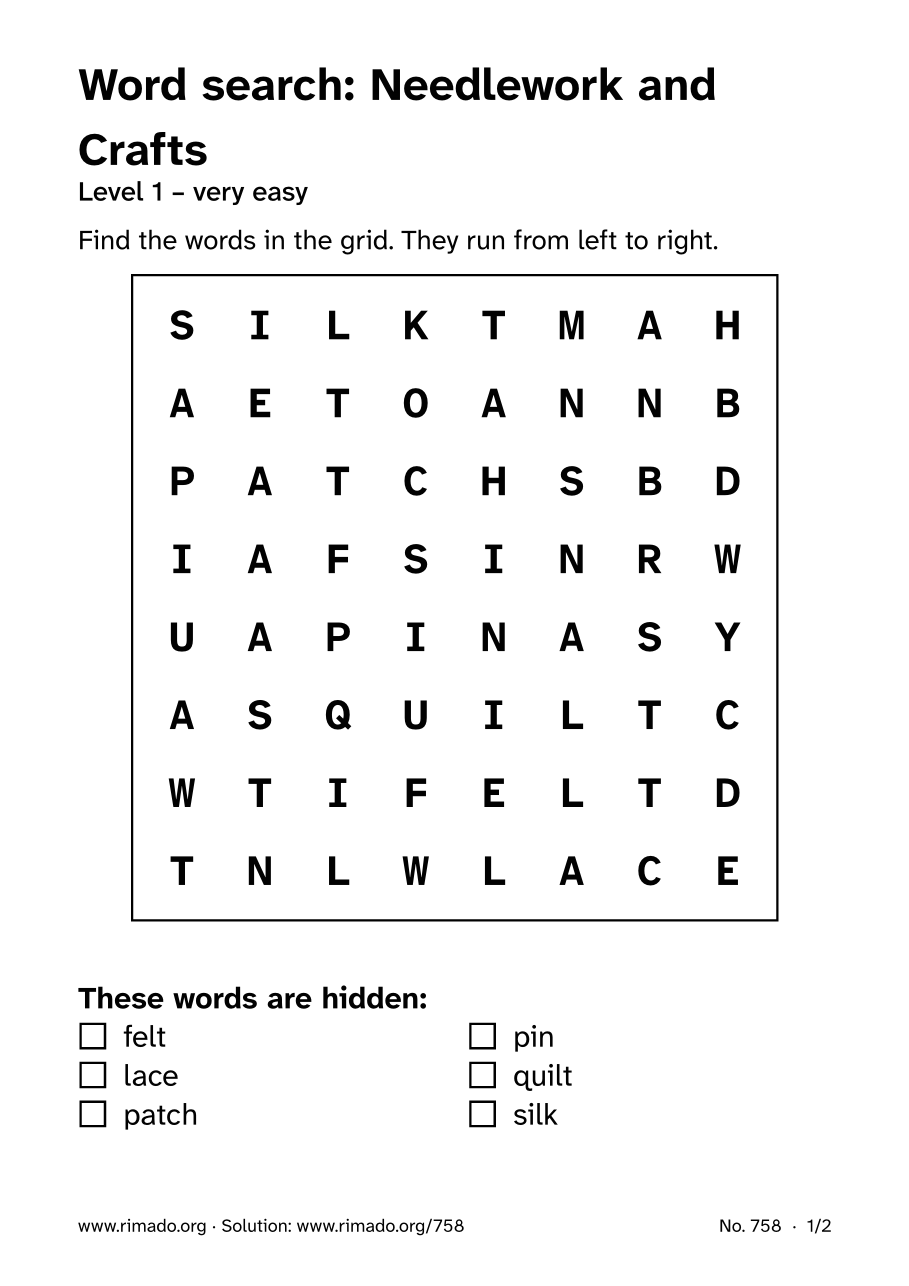 Preview of the printed page: Word search “Needlework and Crafts”, no. 758