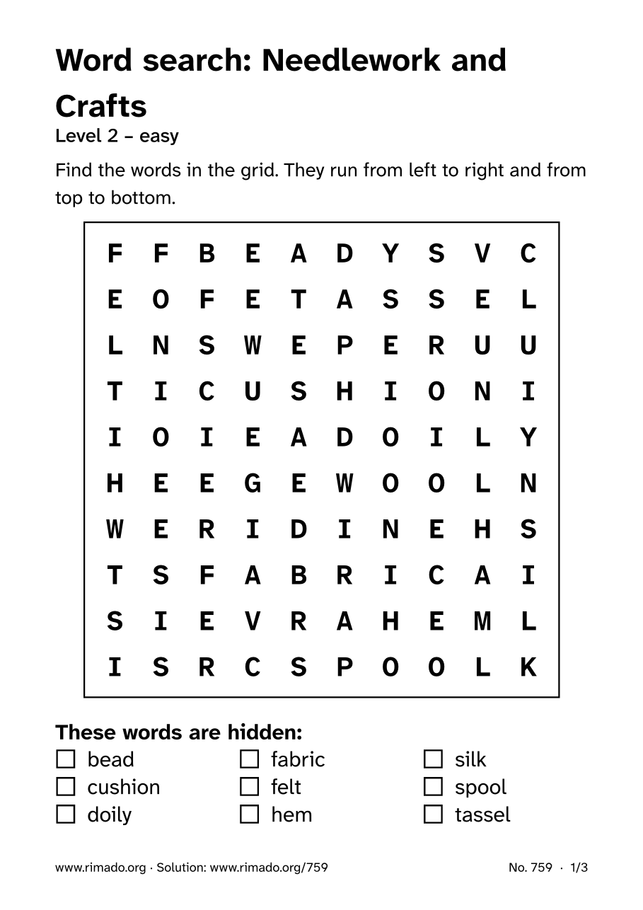 Preview of the printed page: Word search “Needlework and Crafts”, no. 759