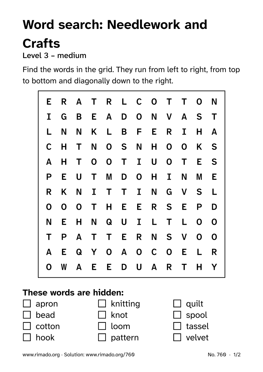 Preview of the printed page: Word search “Needlework and Crafts”, no. 760