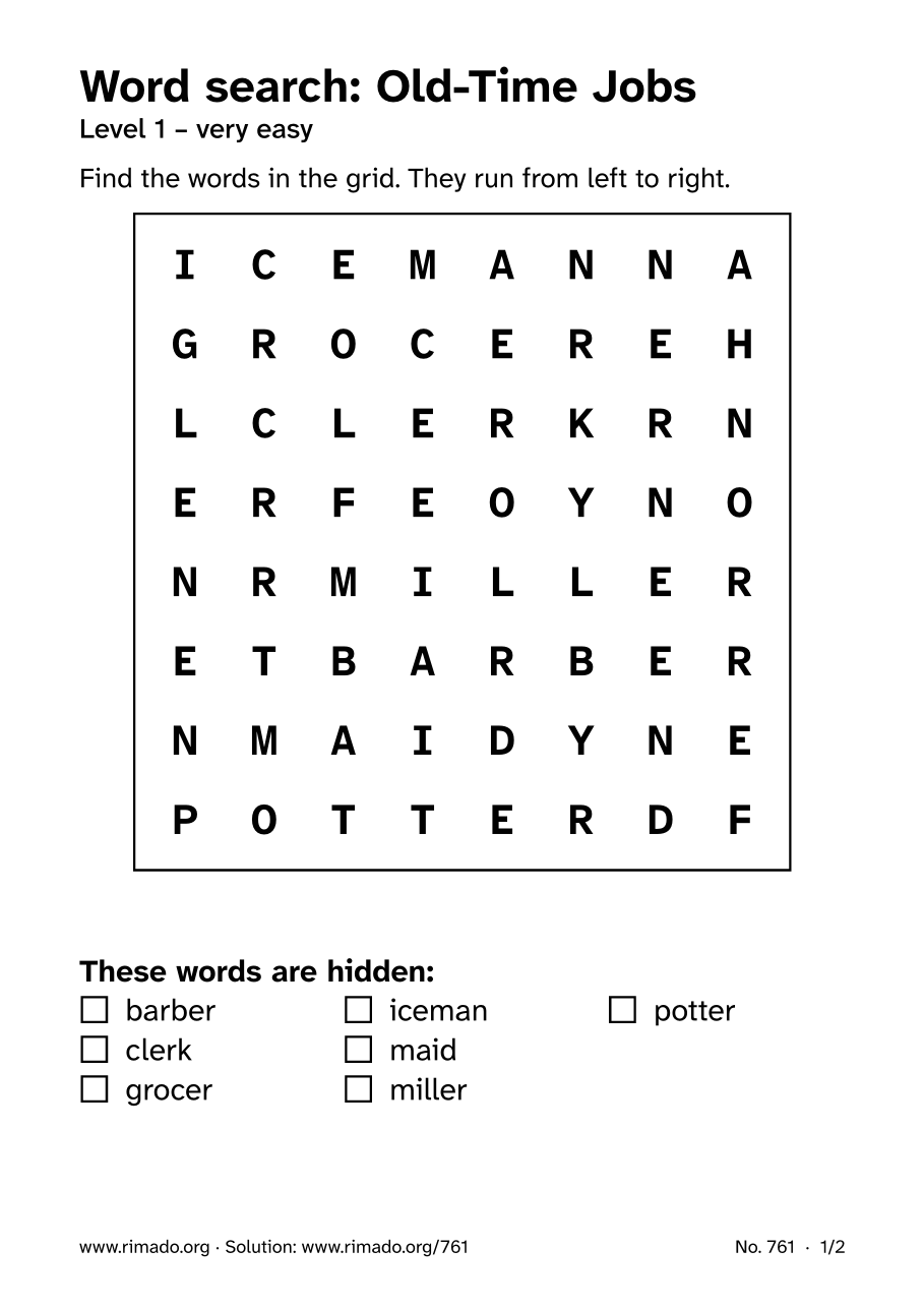 Preview of the printed page: Word search “Old-Time Jobs”, no. 761