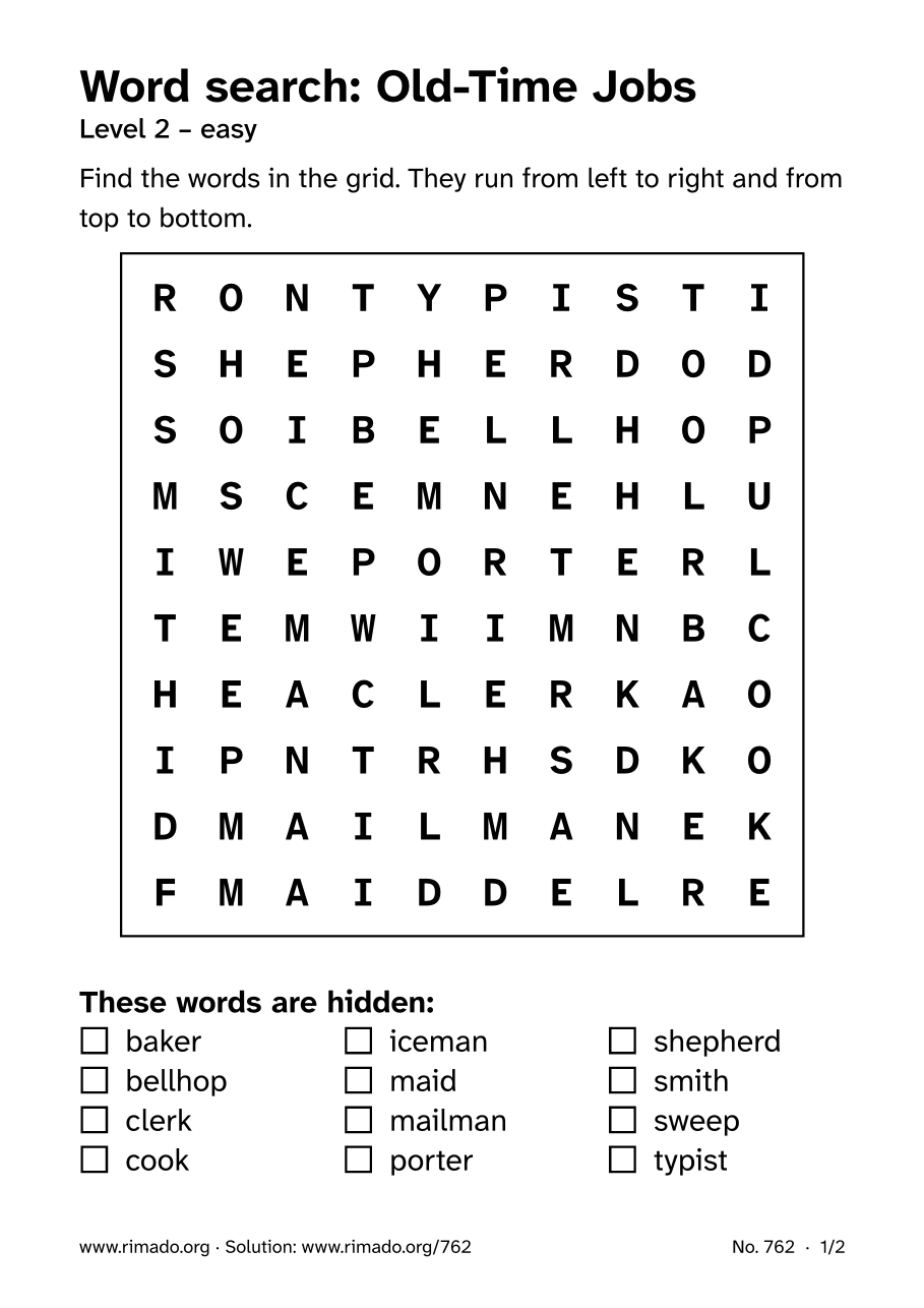 Preview of the printed page: Word search “Old-Time Jobs”, no. 762