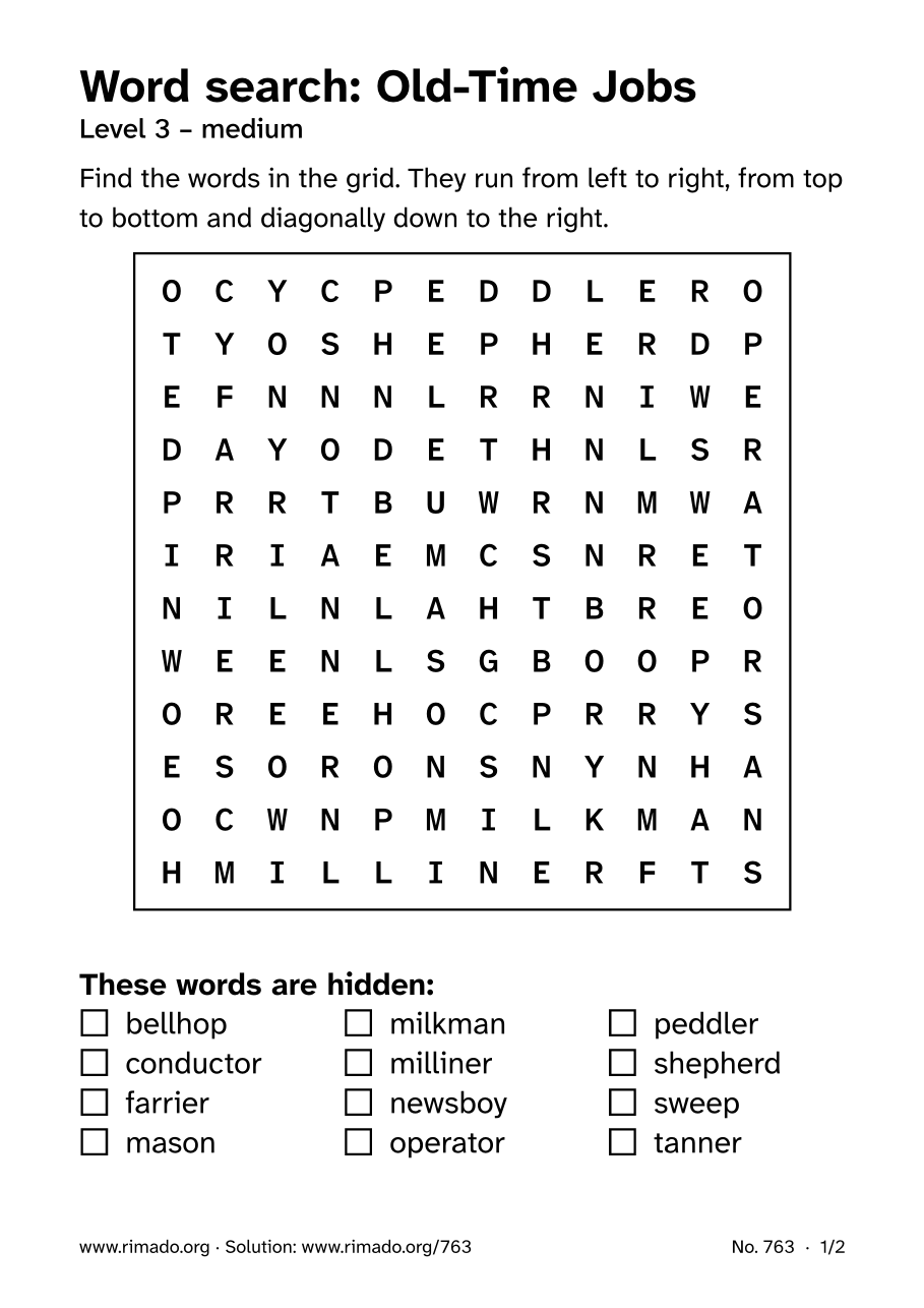 Preview of the printed page: Word search “Old-Time Jobs”, no. 763