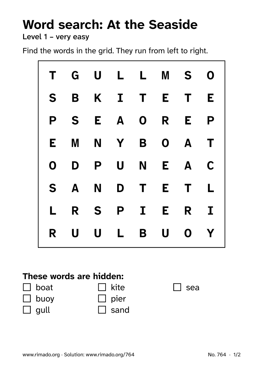 Preview of the printed page: Word search “At the Seaside”, no. 764