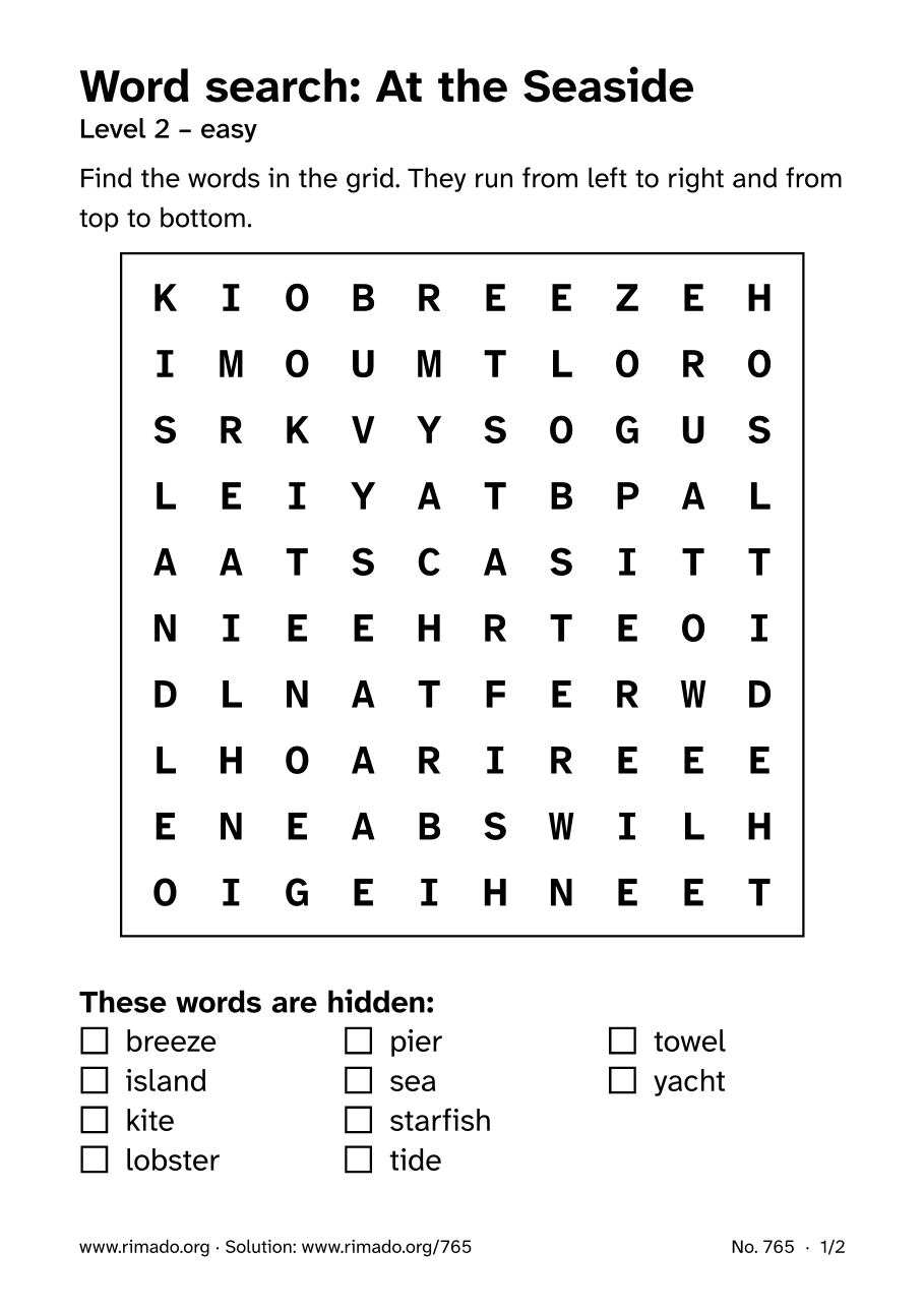 Preview of the printed page: Word search “At the Seaside”, no. 765