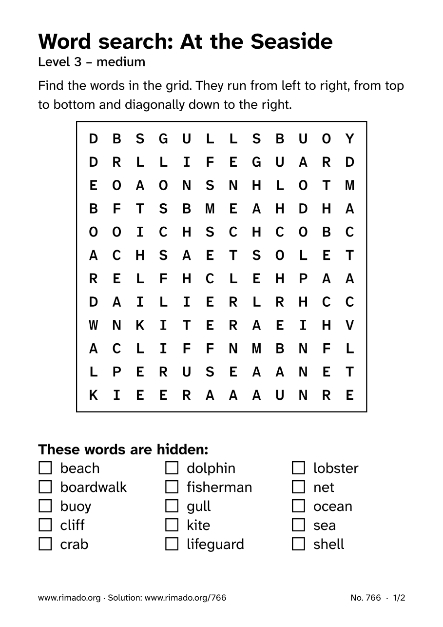 Preview of the printed page: Word search “At the Seaside”, no. 766
