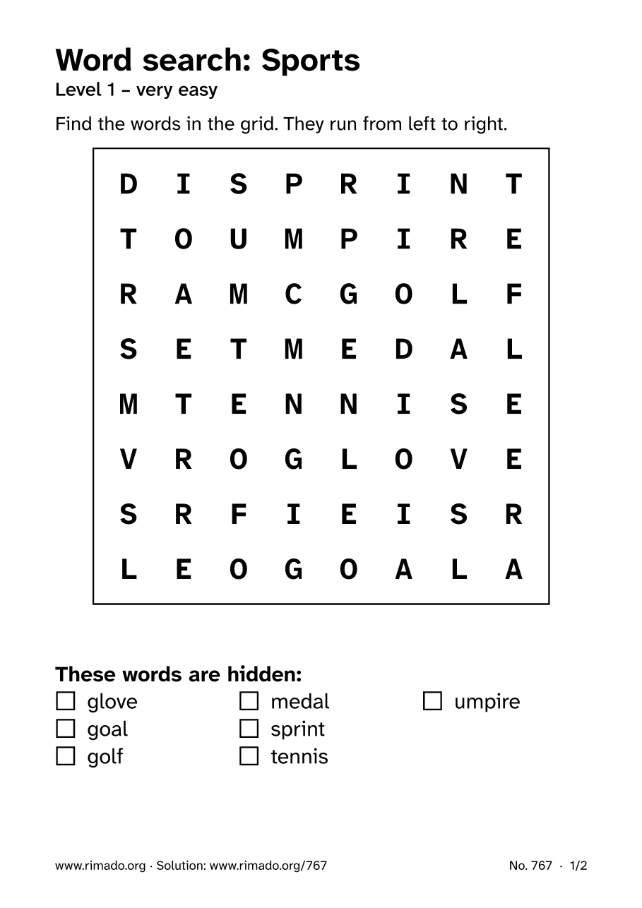 Preview of the printed page: Word search “Sports”, no. 767