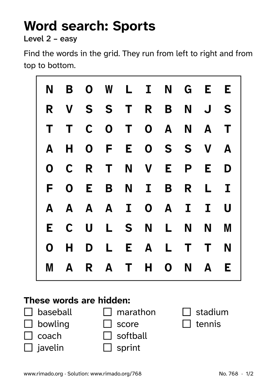 Preview of the printed page: Word search “Sports”, no. 768