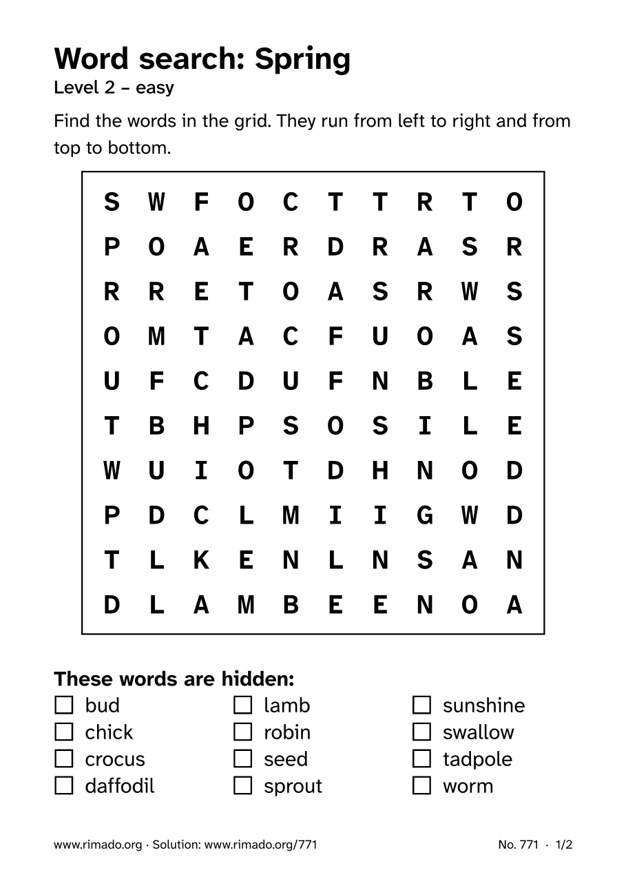 Preview of the printed page: Word search “Spring”, no. 771