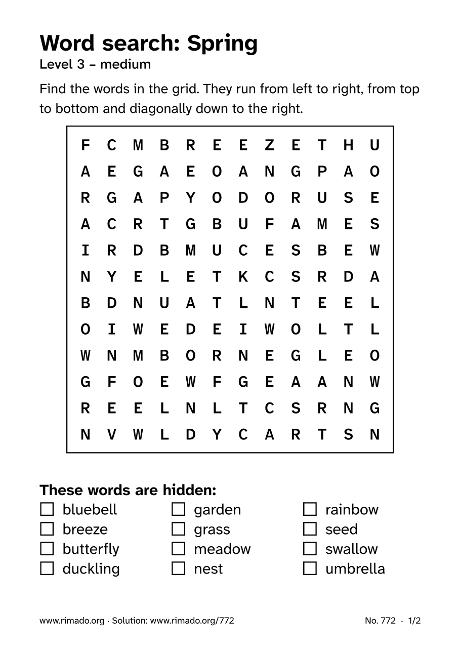 Preview of the printed page: Word search “Spring”, no. 772
