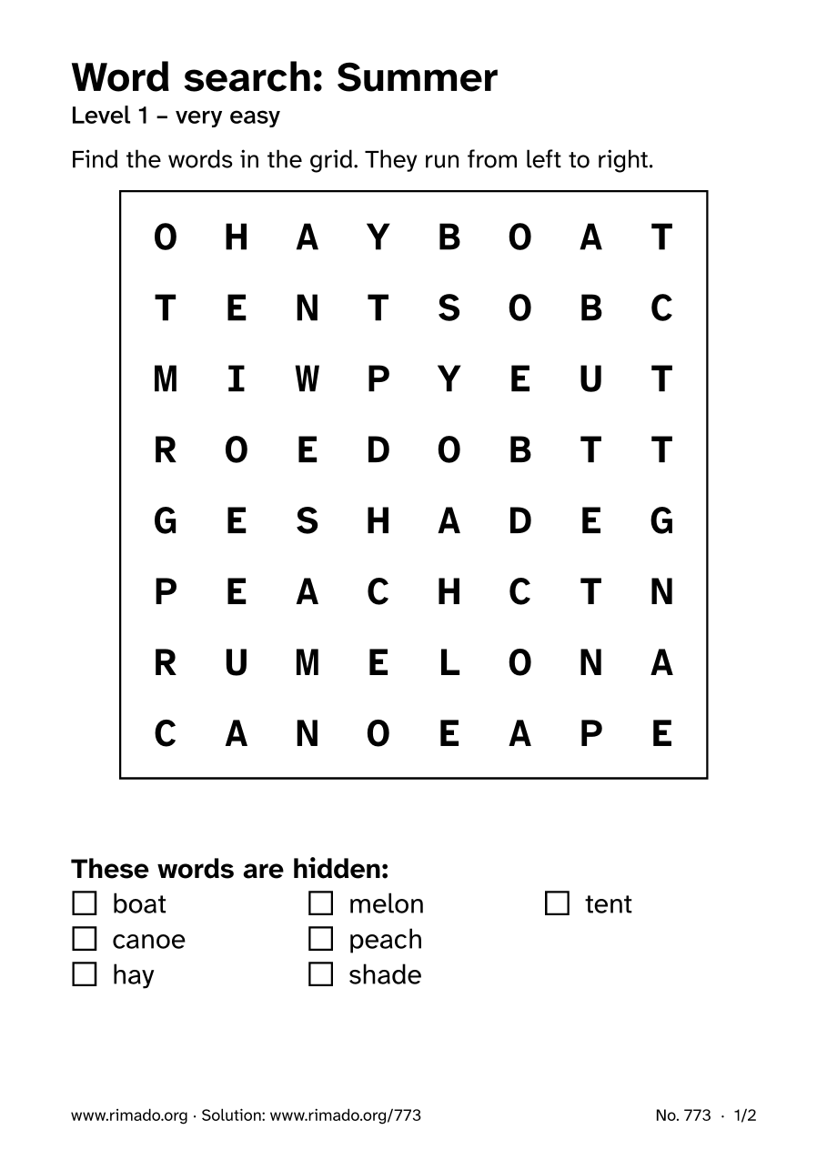 Preview of the printed page: Word search “Summer”, no. 773