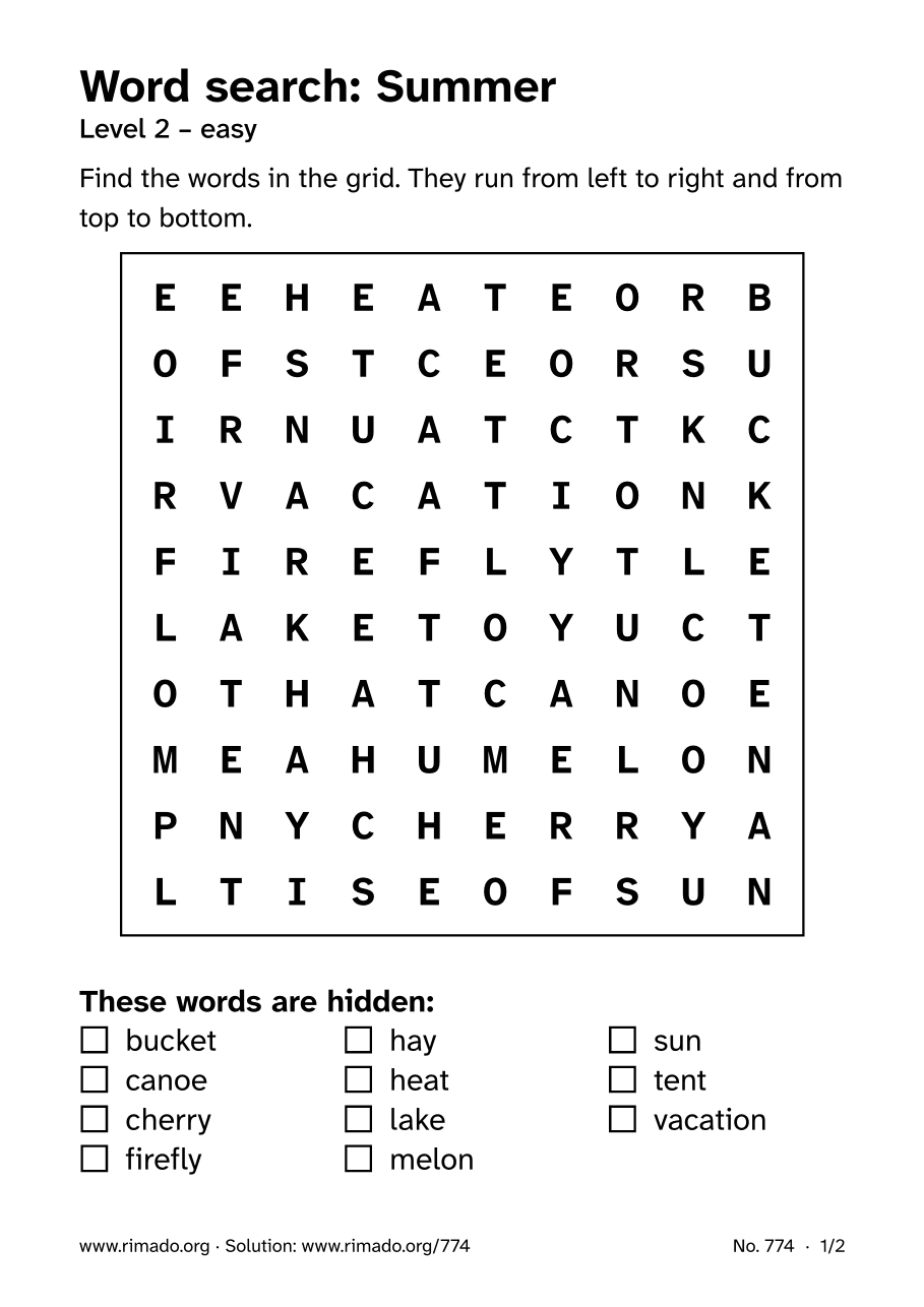 Preview of the printed page: Word search “Summer”, no. 774