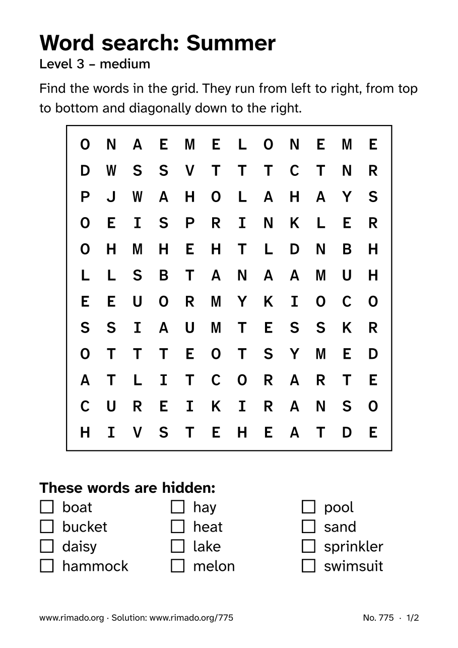Preview of the printed page: Word search “Summer”, no. 775