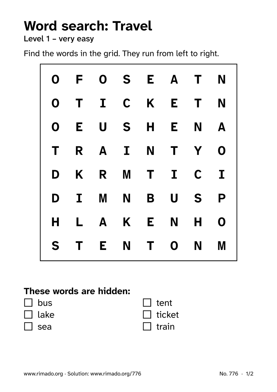 Preview of the printed page: Word search “Travel”, no. 776