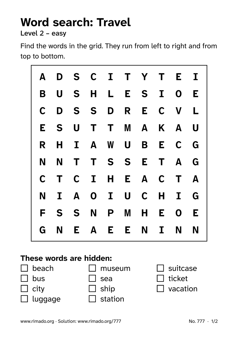 Preview of the printed page: Word search “Travel”, no. 777