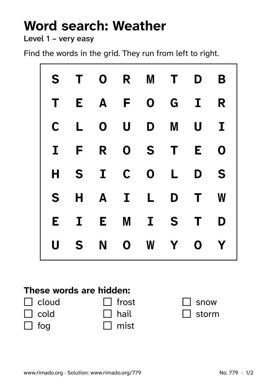 Preview of the printed page: Word search “Weather”, no. 779