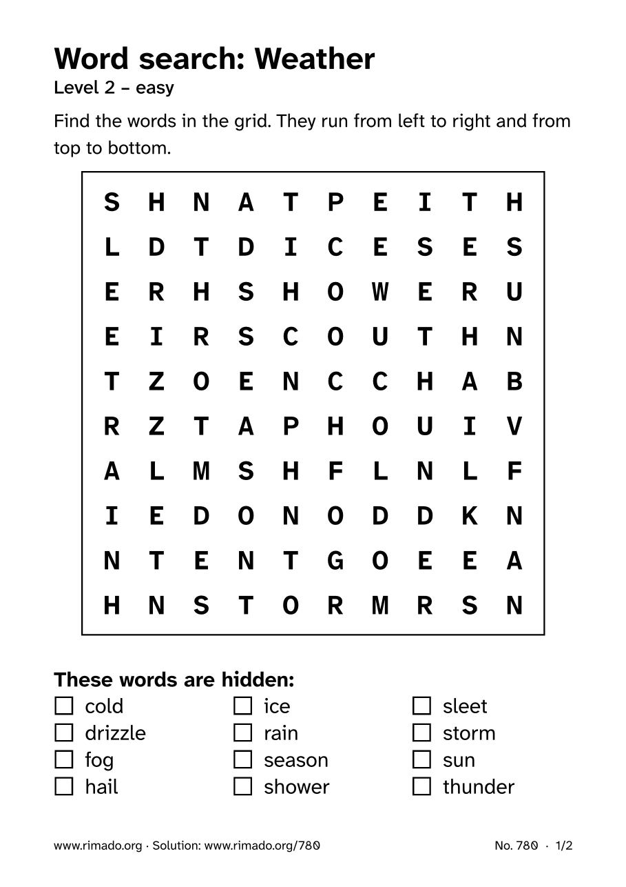 Preview of the printed page: Word search “Weather”, no. 780