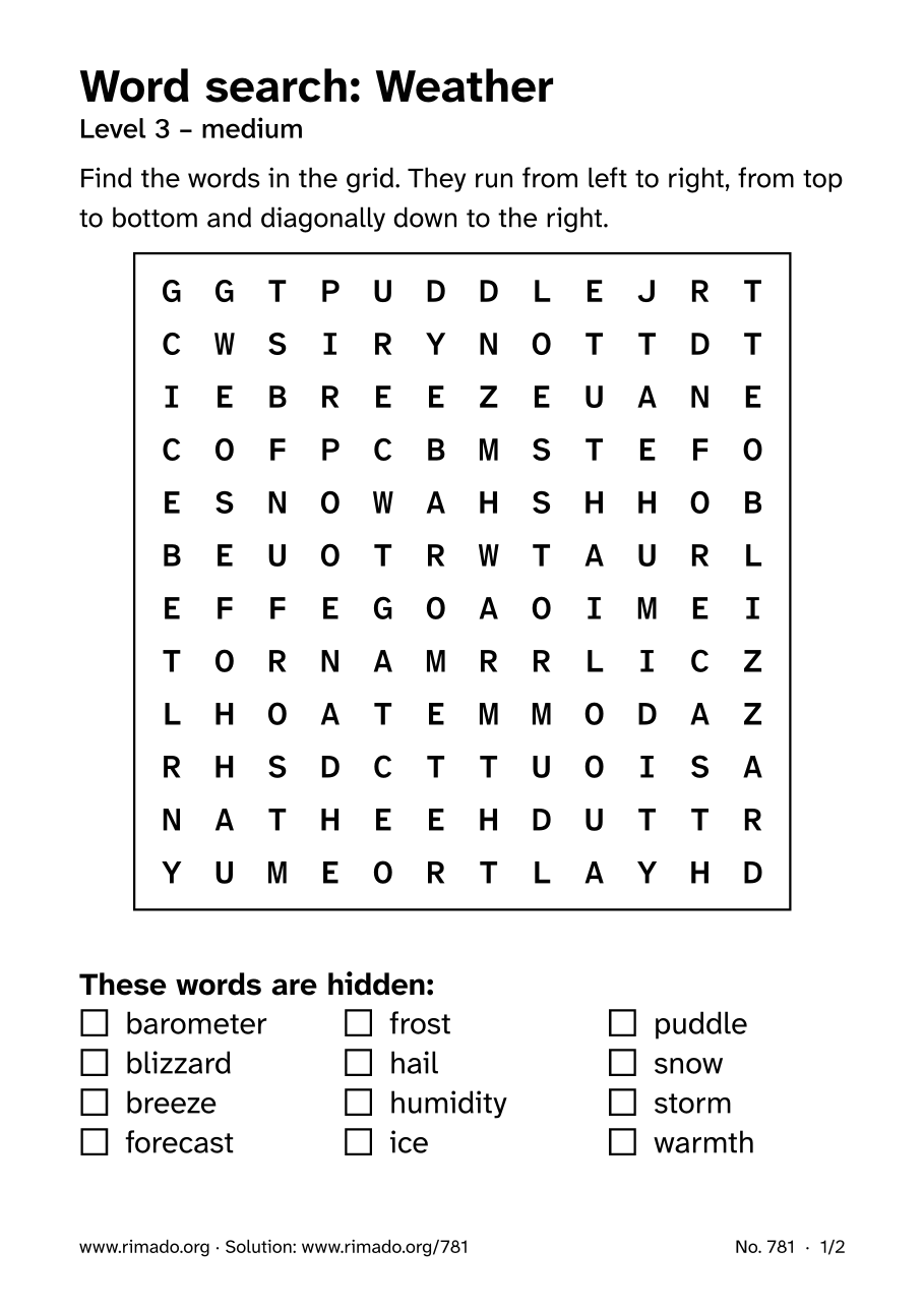 Preview of the printed page: Word search “Weather”, no. 781