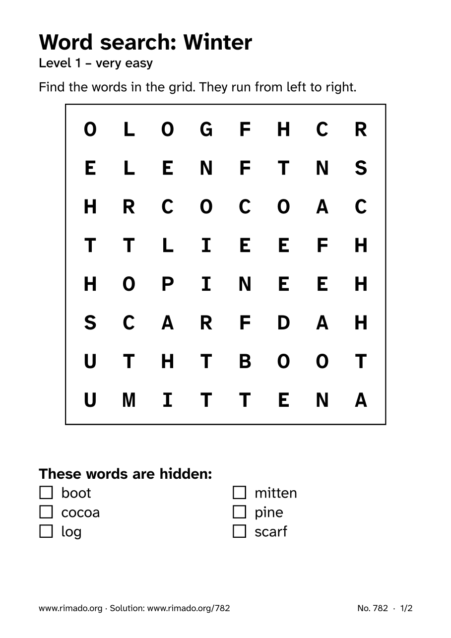 Preview of the printed page: Word search “Winter”, no. 782