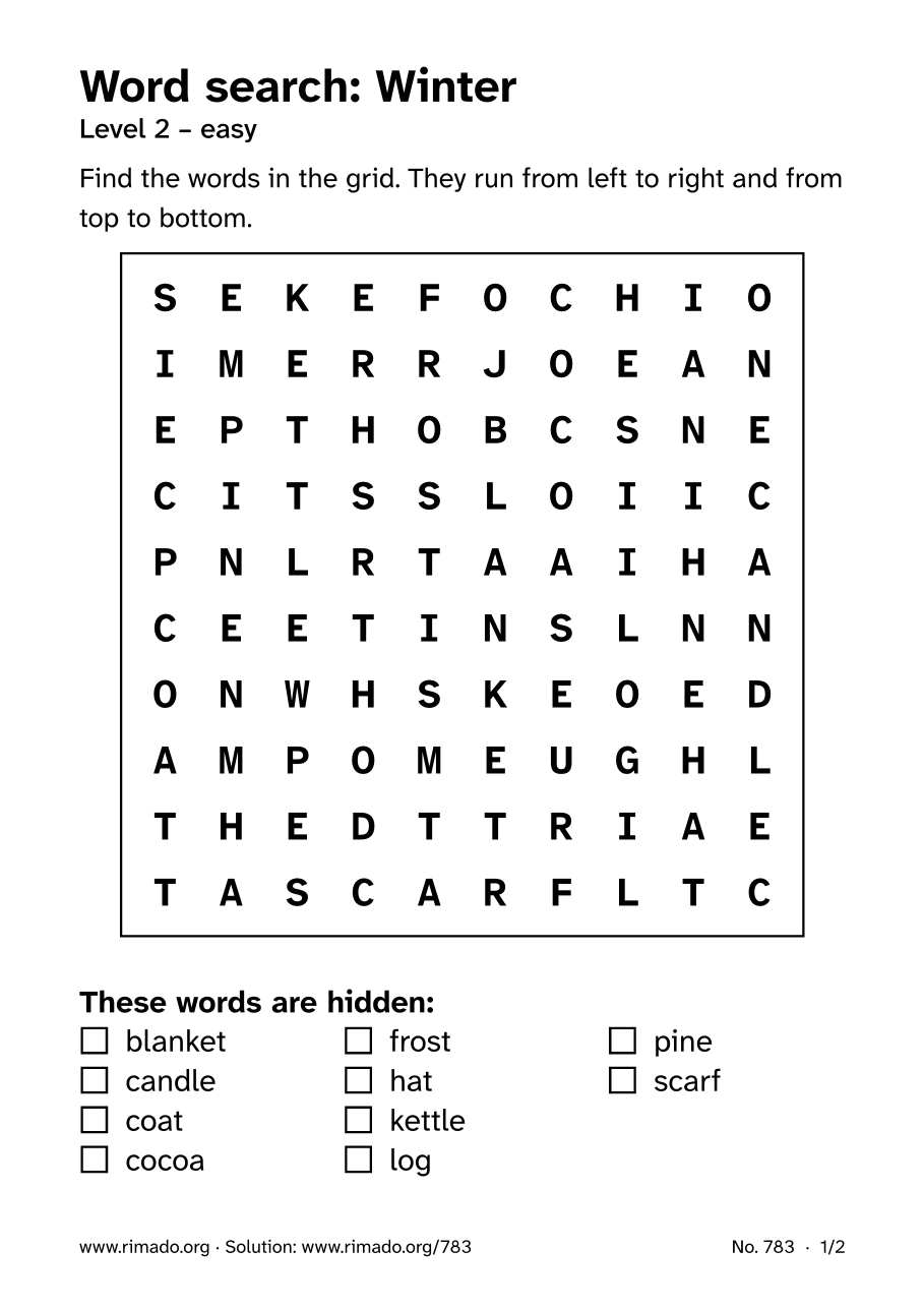 Preview of the printed page: Word search “Winter”, no. 783