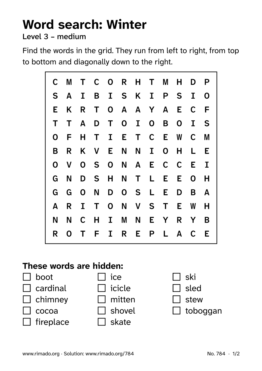 Preview of the printed page: Word search “Winter”, no. 784