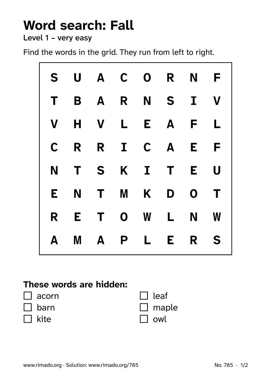 Preview of the printed page: Word search “Fall”, no. 785