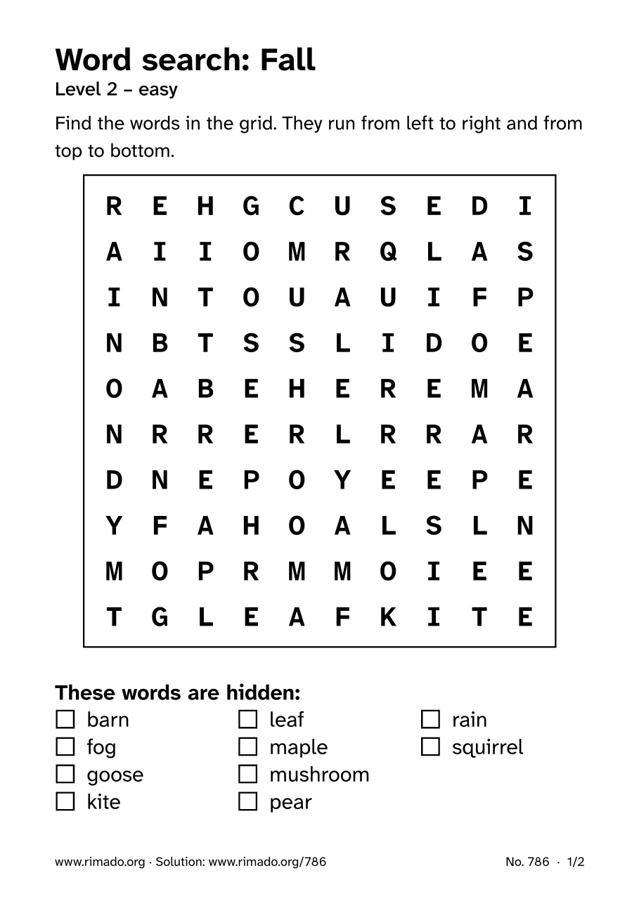 Preview of the printed page: Word search “Fall”, no. 786