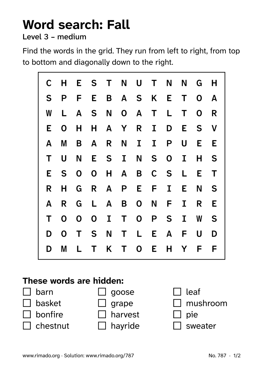 Preview of the printed page: Word search “Fall”, no. 787