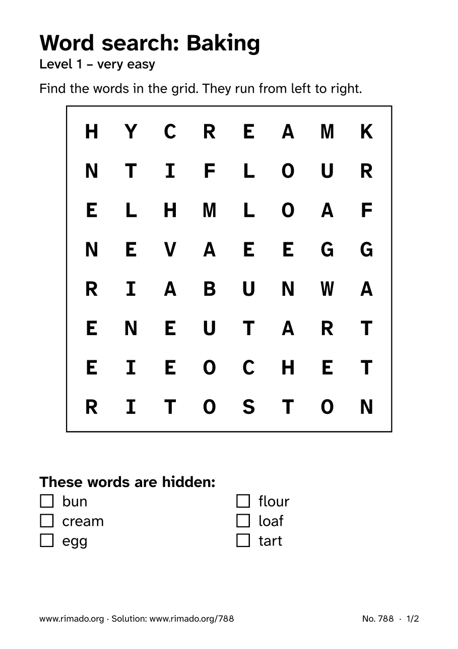 Preview of the printed page: Word search “Baking”, no. 788