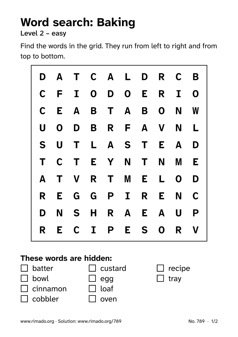 Preview of the printed page: Word search “Baking”, no. 789