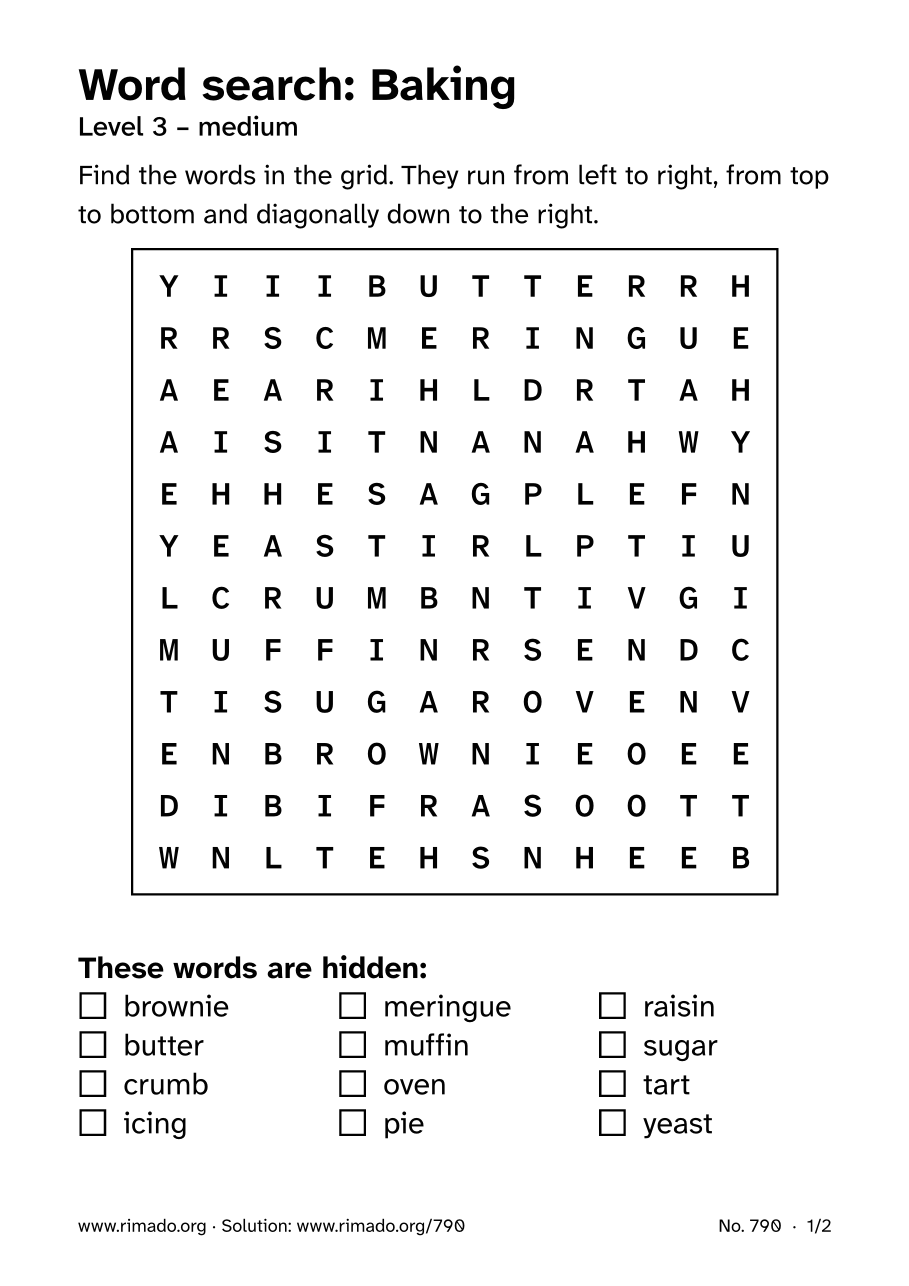 Preview of the printed page: Word search “Baking”, no. 790