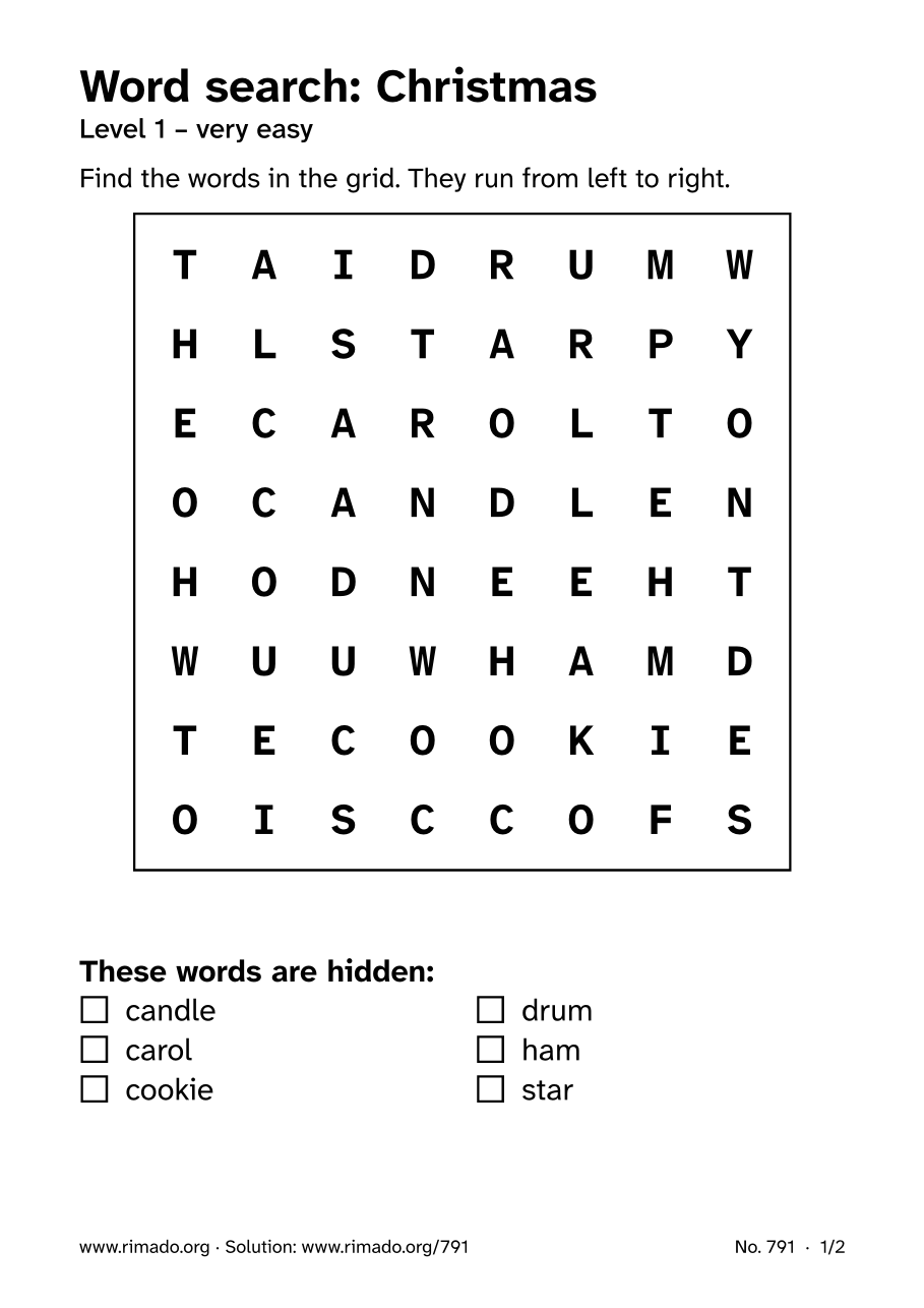 Preview of the printed page: Word search “Christmas”, no. 791