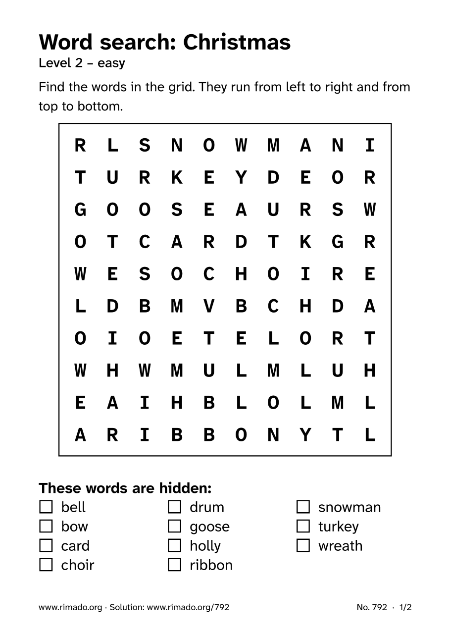 Preview of the printed page: Word search “Christmas”, no. 792