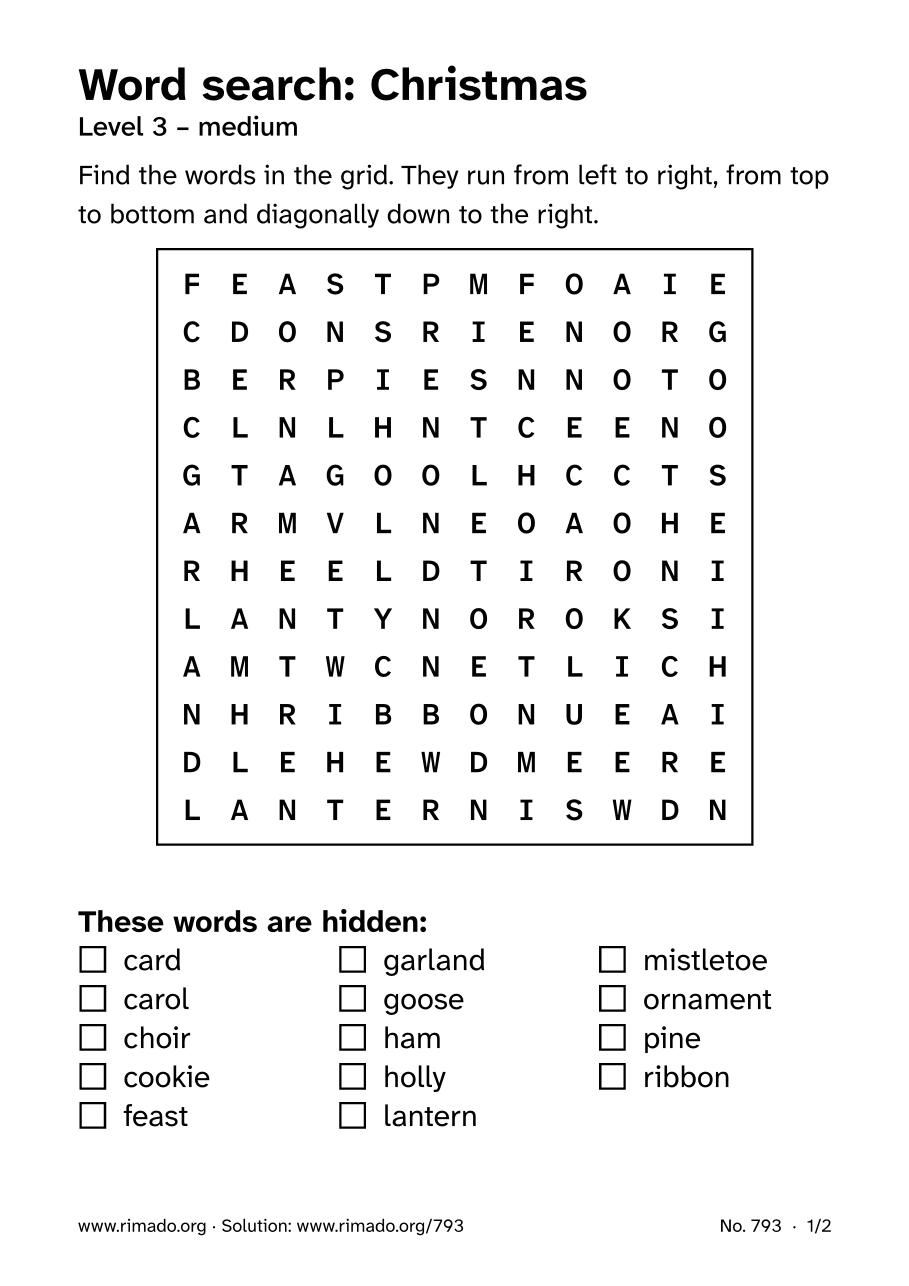 Preview of the printed page: Word search “Christmas”, no. 793