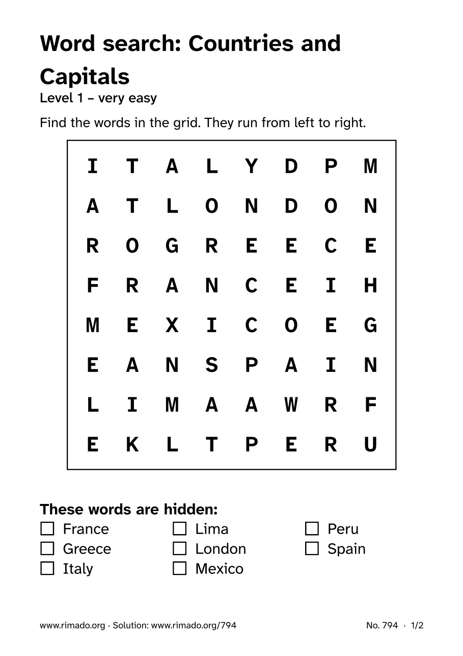 Preview of the printed page: Word search “Countries and Capitals”, no. 794