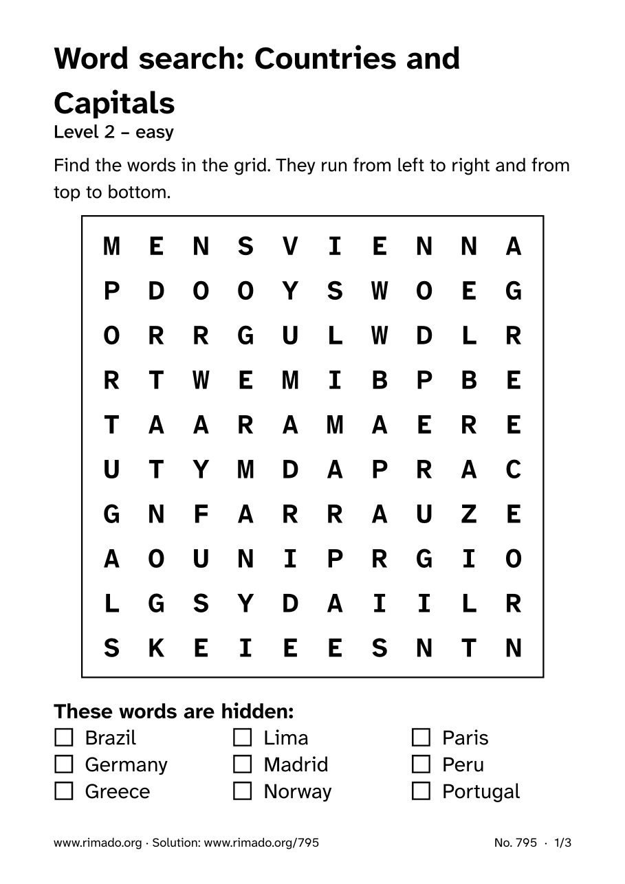 Preview of the printed page: Word search “Countries and Capitals”, no. 795