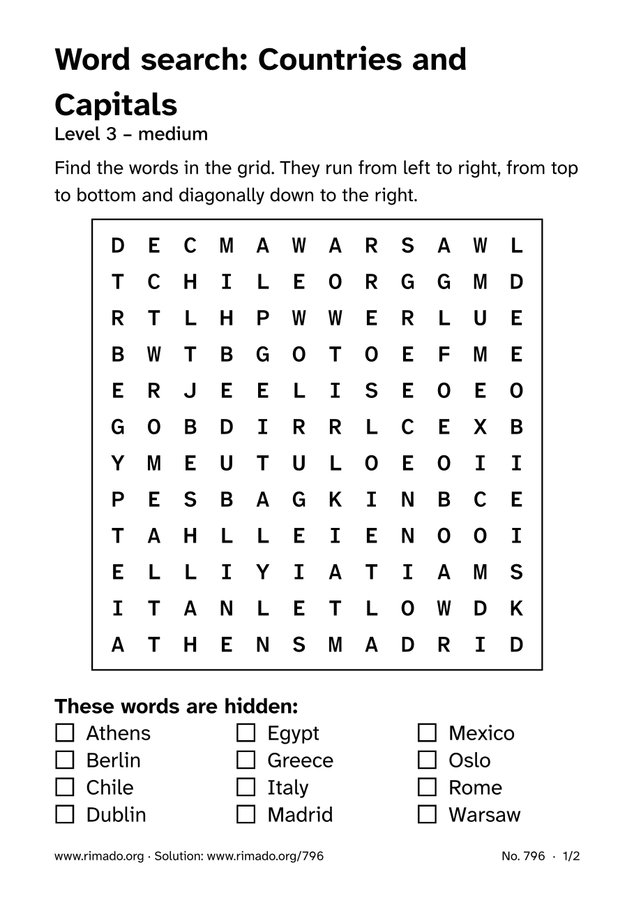Preview of the printed page: Word search “Countries and Capitals”, no. 796