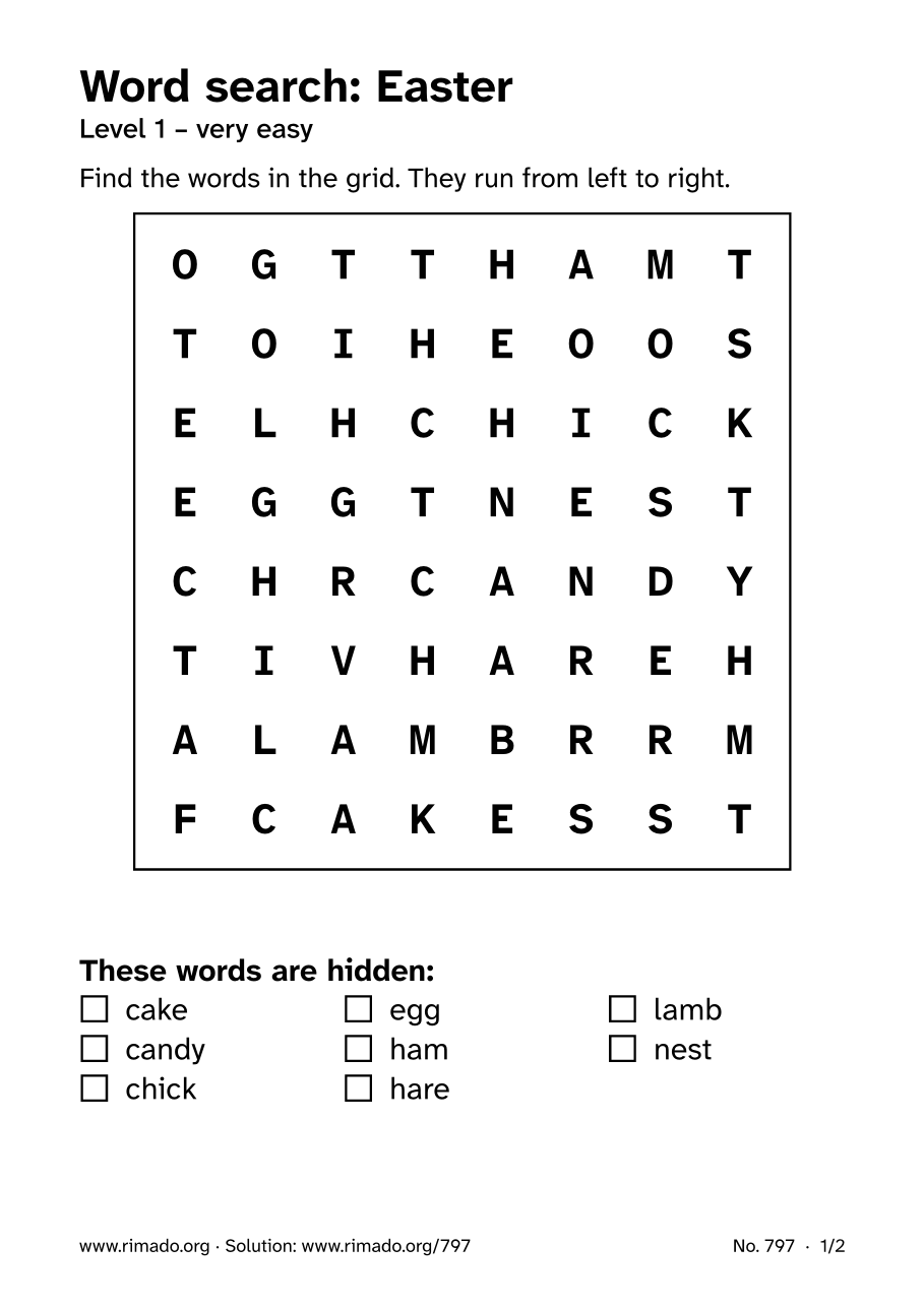 Preview of the printed page: Word search “Easter”, no. 797