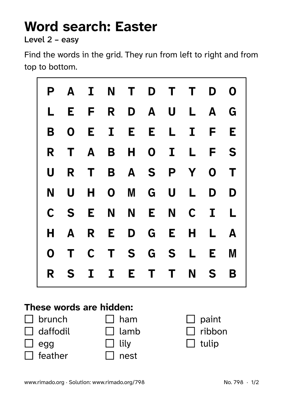 Preview of the printed page: Word search “Easter”, no. 798