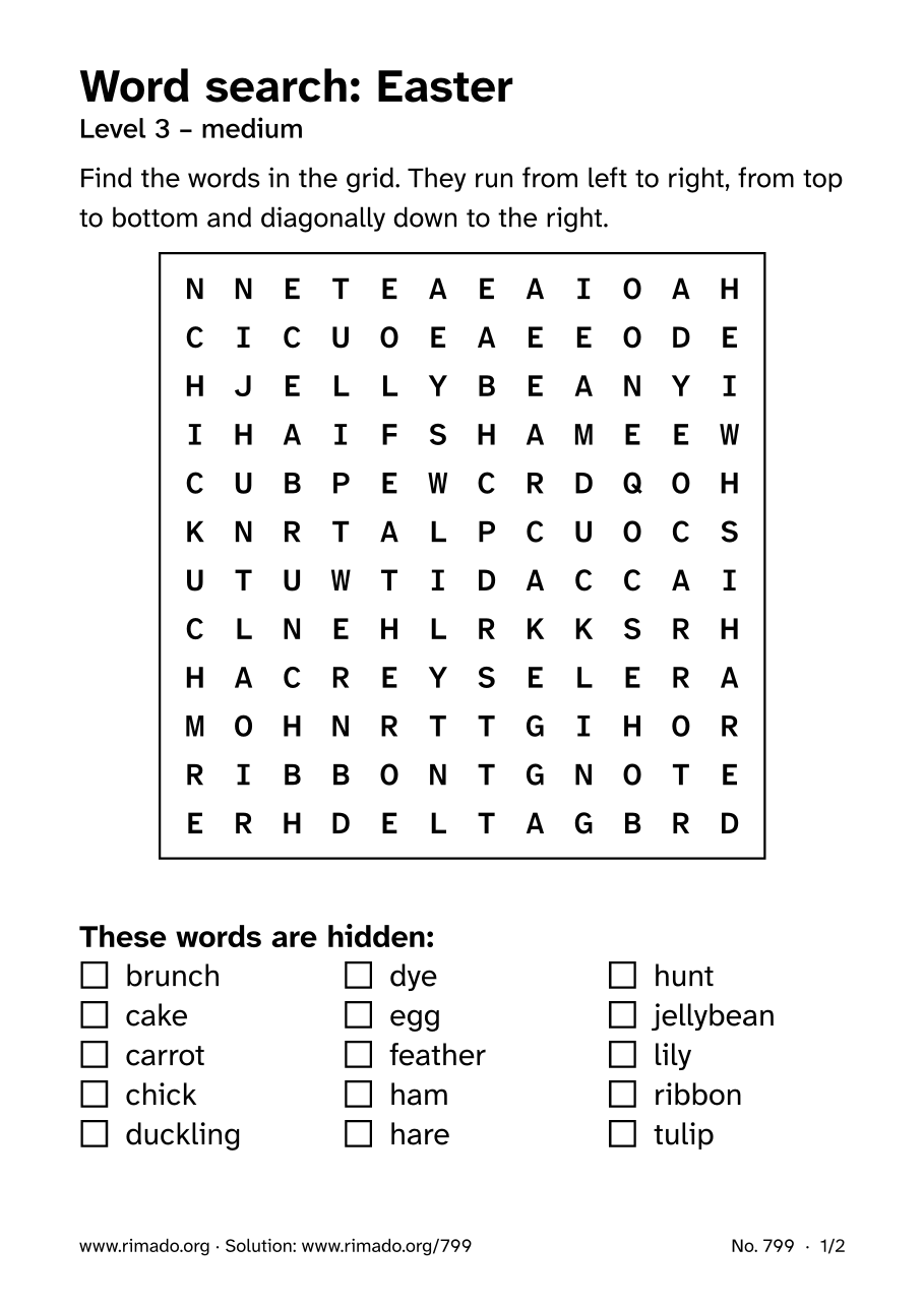 Preview of the printed page: Word search “Easter”, no. 799
